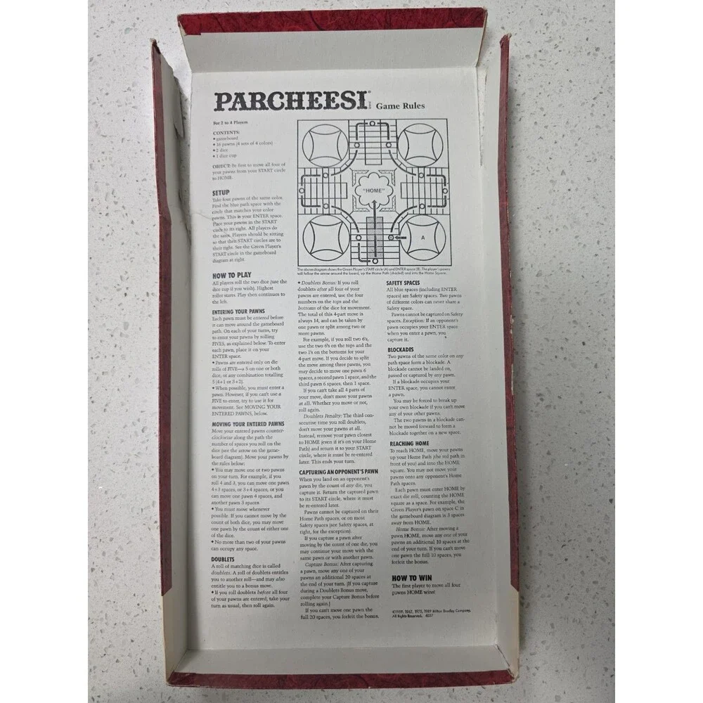 Milton Bradley Parcheesi Board Game 2-4 Players missing 3 pawns (4037)